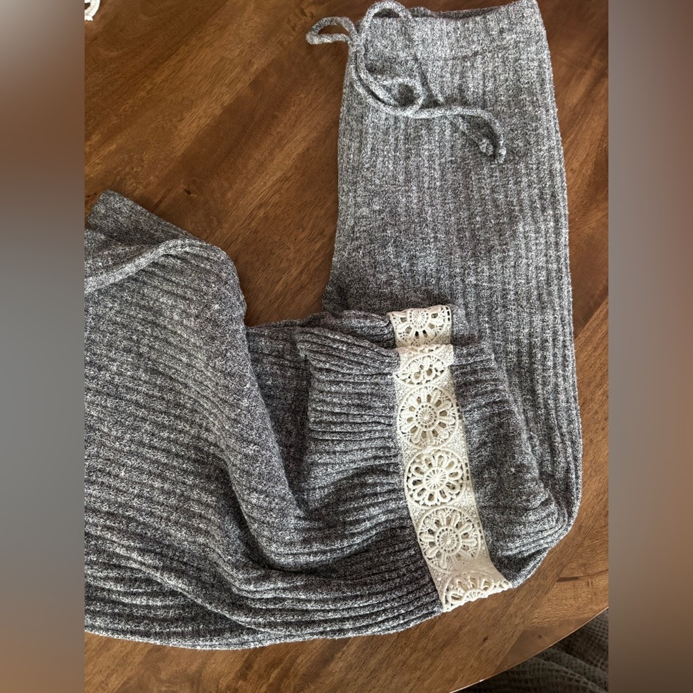 Hayden Gray Knit Bell Bottom Pants with Drawstring